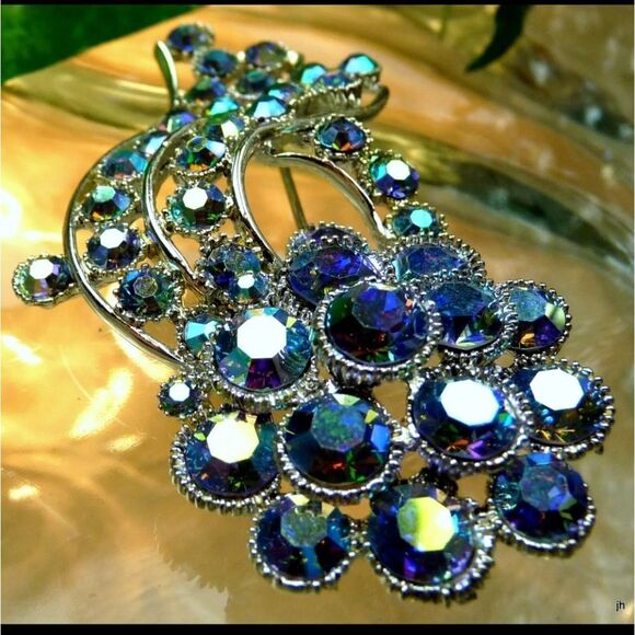 BSK VINTAGE DESIGNER SIGNED 3" BLUE AB RHINESTONE FLOWER FLORAL SPRAY PIN,EARRIN - Picture 3 of 11